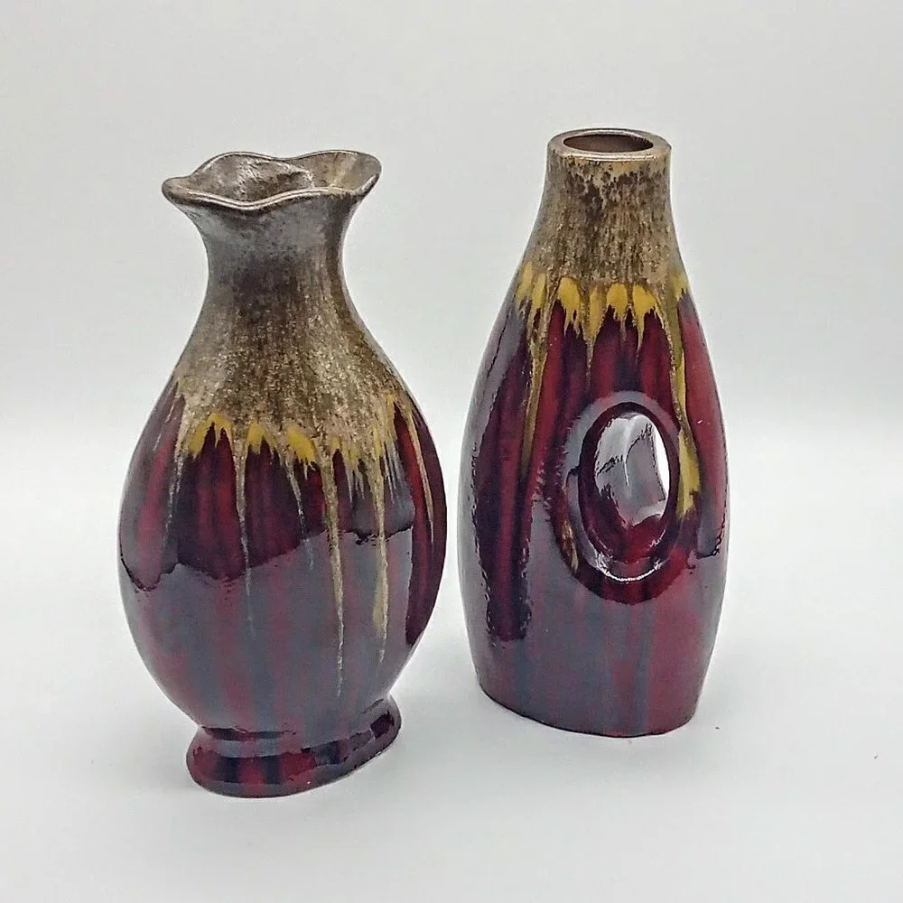 Set of 2 Red Gold Drip Glazed Pottery Vases